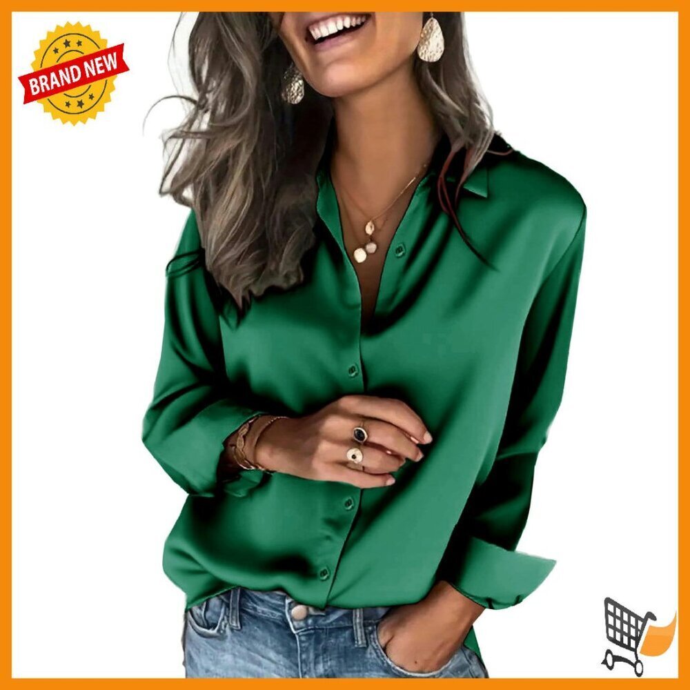Satin Button Down Shirt Long Sleeve Business Casual Blouse Women's Top